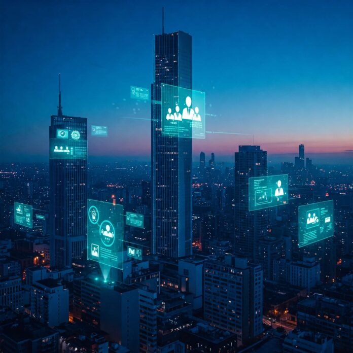 Futuristic city with digital government services.
