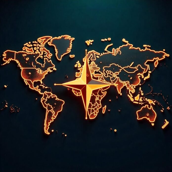 the NATO logo prominently centered over a semi-transparent world map, with the U.S.