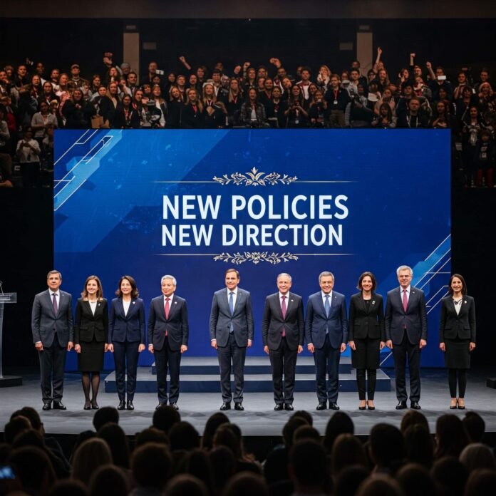 Diverse leaders on stage with 