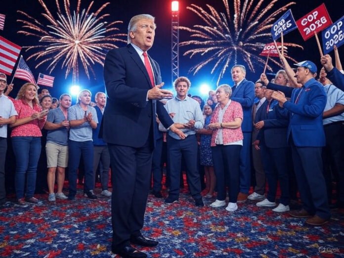 A large crowd with American flags and GOP-branded signs.