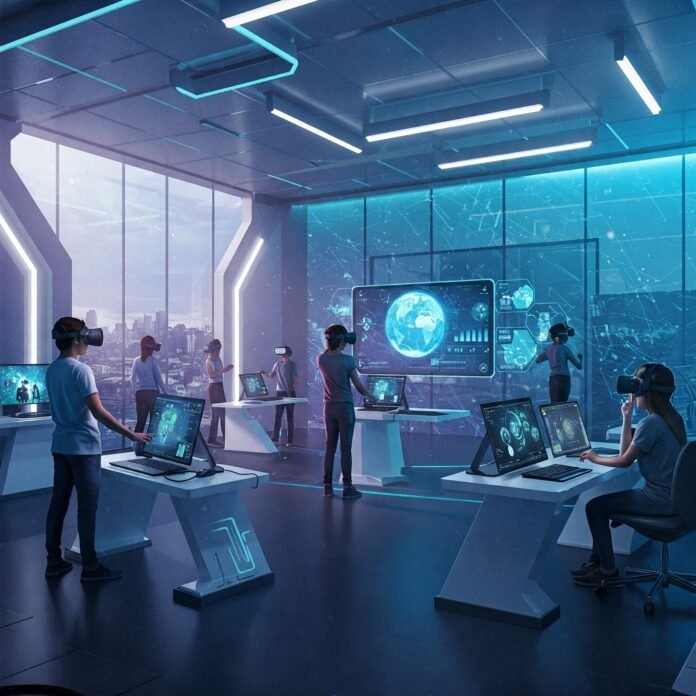 Futuristic VR classroom exploring global issues.