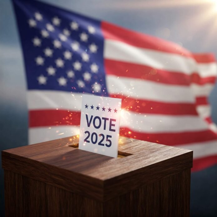 American flag and ballot box for voting.