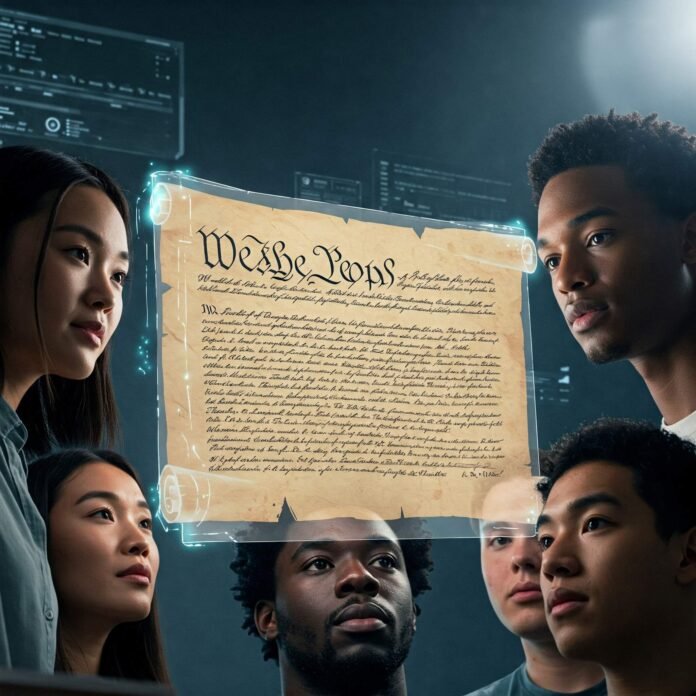 The U.S. Constitution and modernity: A stylized image blending historical and contemporary elements.