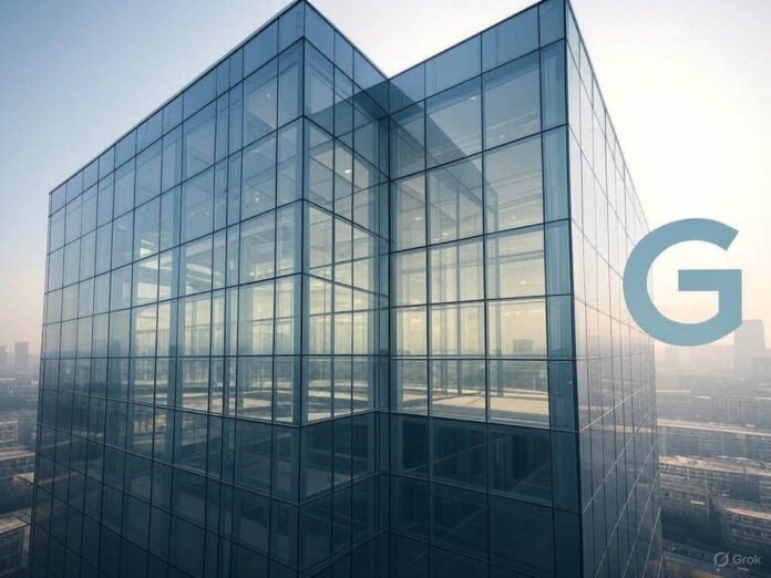Modern glass government building with 'G' overlay, symbolizing transparency, blue-gray tones, authority and openness.
