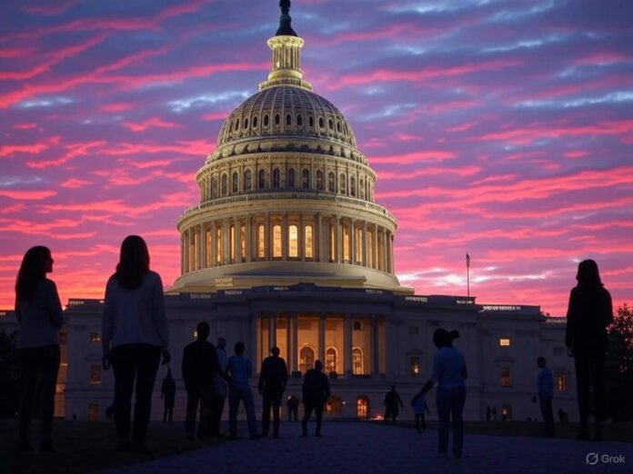 U.S. Capitol dome at sunset with diverse silhouettes, symbolizing civic engagement and understanding the federal government.