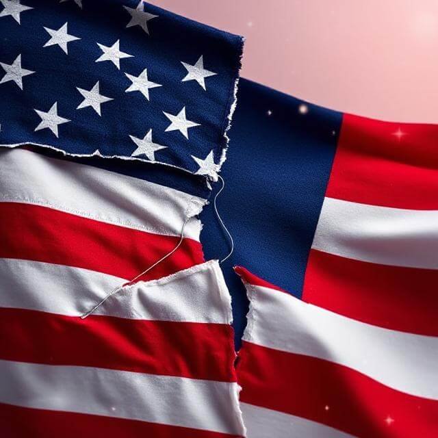 Torn Flag Being Stitched