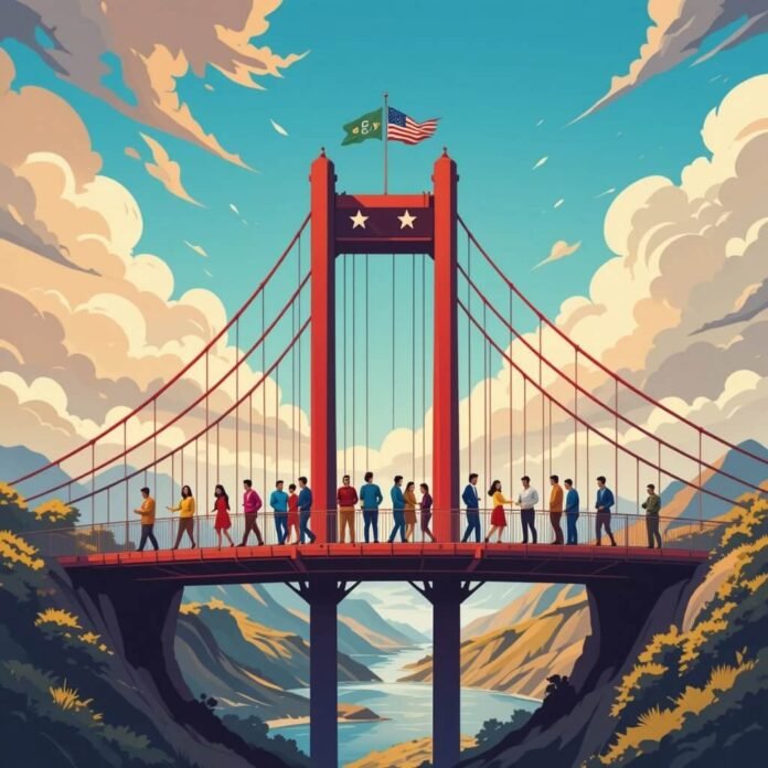 A dynamic, high-resolution illustration of a bridge connecting two sides of a divided landscape, symbolizing bipartisanship
