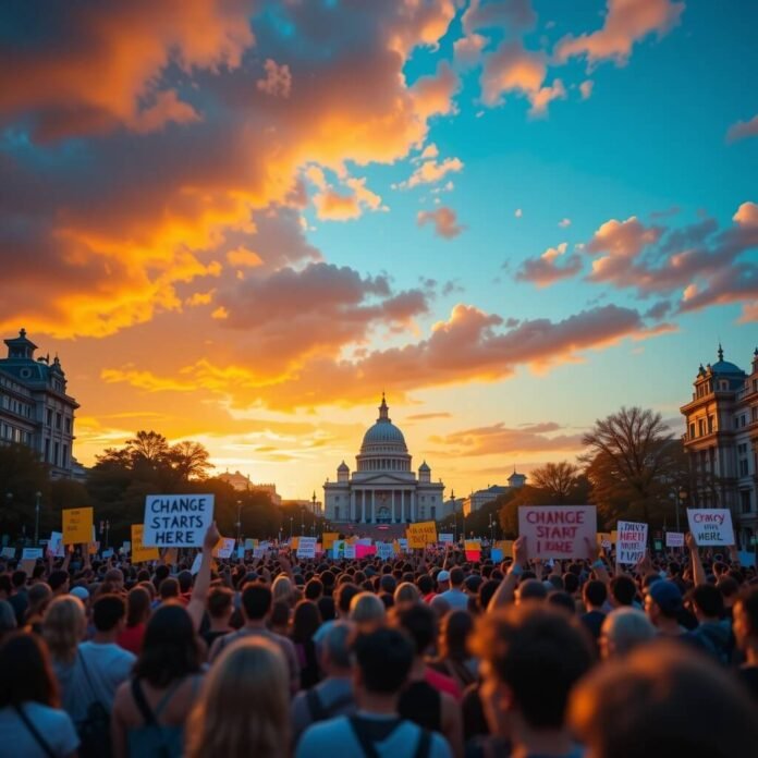 A diverse crowd at a global protest, symbolizing unity.