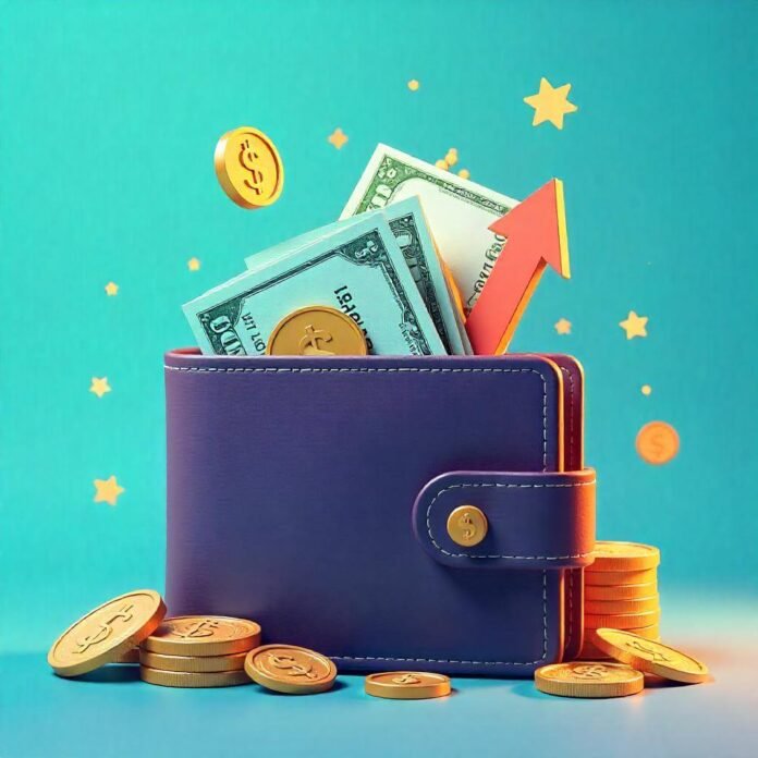 a wallet overflowing with cash, coins, and economic symbols