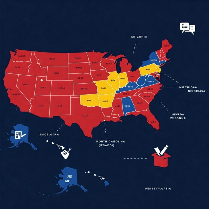 US map highlighting swing states Arizona, Georgia, Michigan, Nevada, North Carolina, Pennsylvania, and Wisconsin.