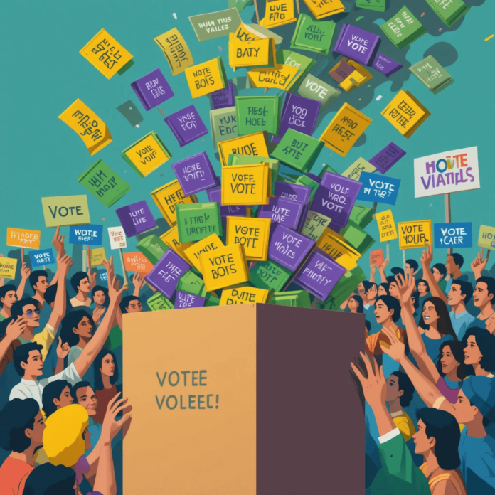 A dynamic illustration of a ballot box overflowing with colorful voting slips symbolizing third-party votes.