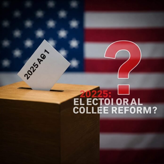 2025: Electoral College Reform? Ballot box, US flag, question mark.