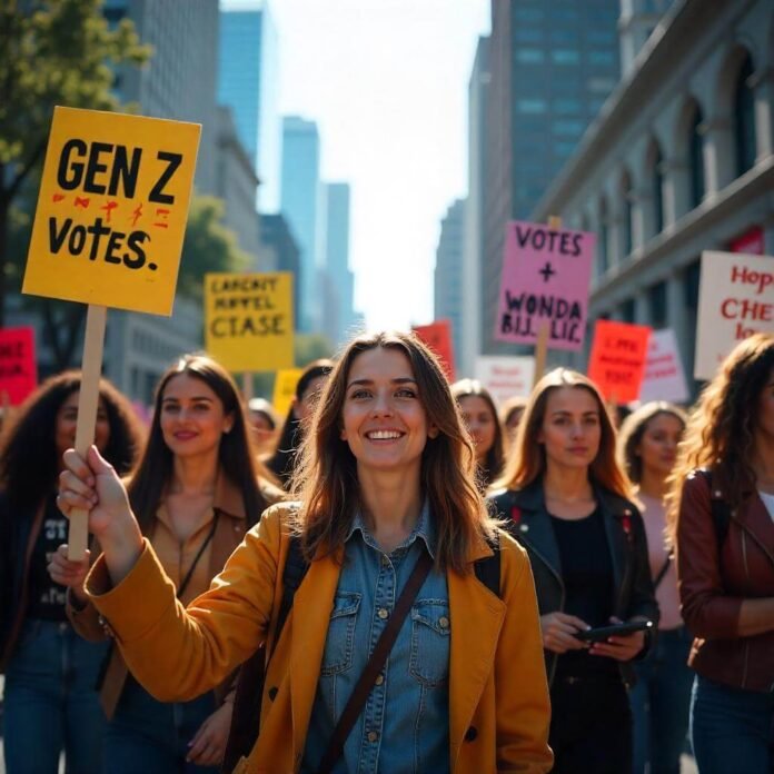 A dynamic scene of a diverse group of Gen Z activists marching in a city, holding colorful signs with slogans like “Gen Z Votes” and “Change 2025.”