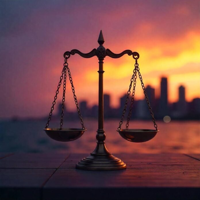 A stylized scales-of-justice symbol