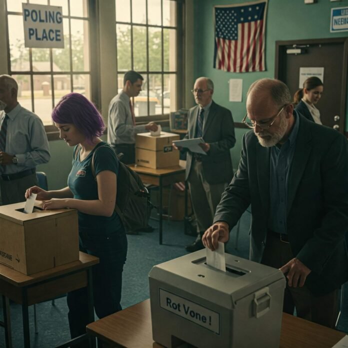Diverse voters casting ballots at a polling station.