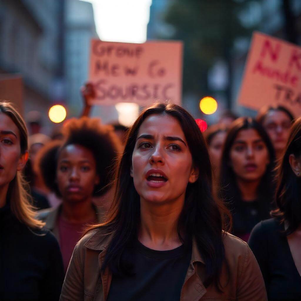 Gen Z activists at a rally, holding signs and chanting. Include diverse faces and expressive gestures to capture passion.