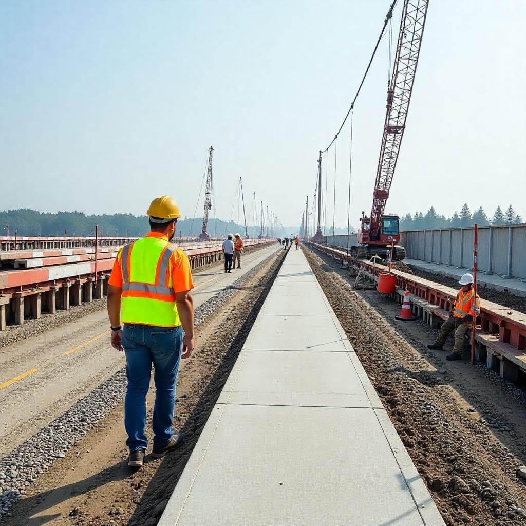 Workers constructing a bridge for Infrastructure Bill 2025 projects at a bustling construction site.