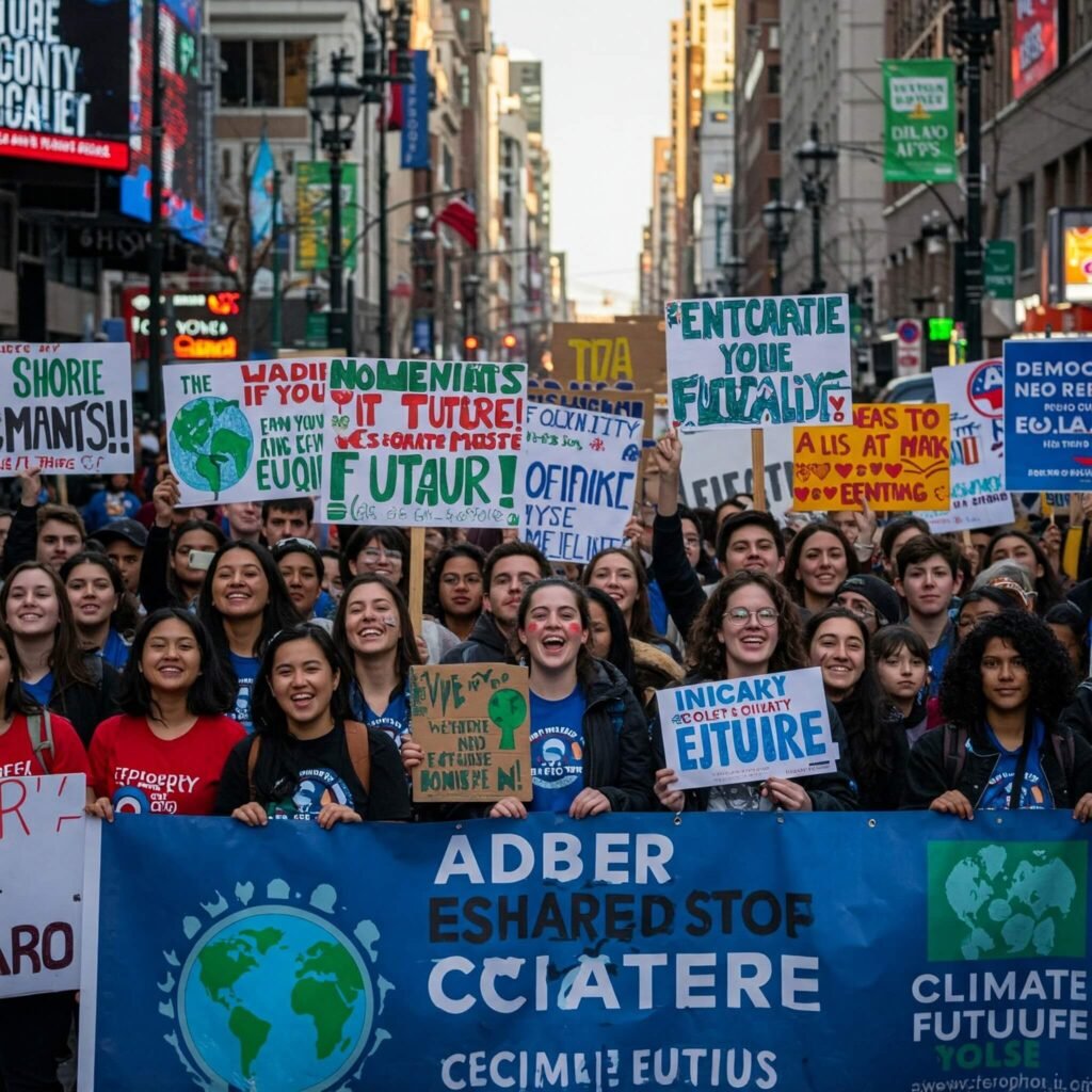 Diverse crowd with climate and equality signs.