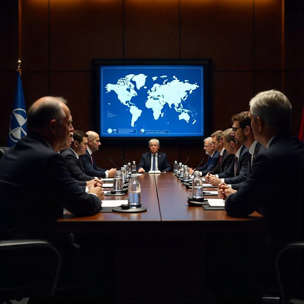 a NATO summit with world leaders seated around a conference table, engaged in discussion.