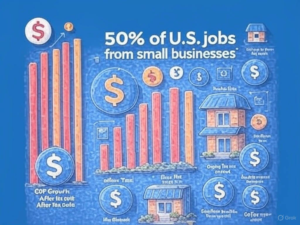 A vibrant infograhic showing the impact of tax cuts on small businesses, with charts and bold colors like red and blue to reflect GOP branding.