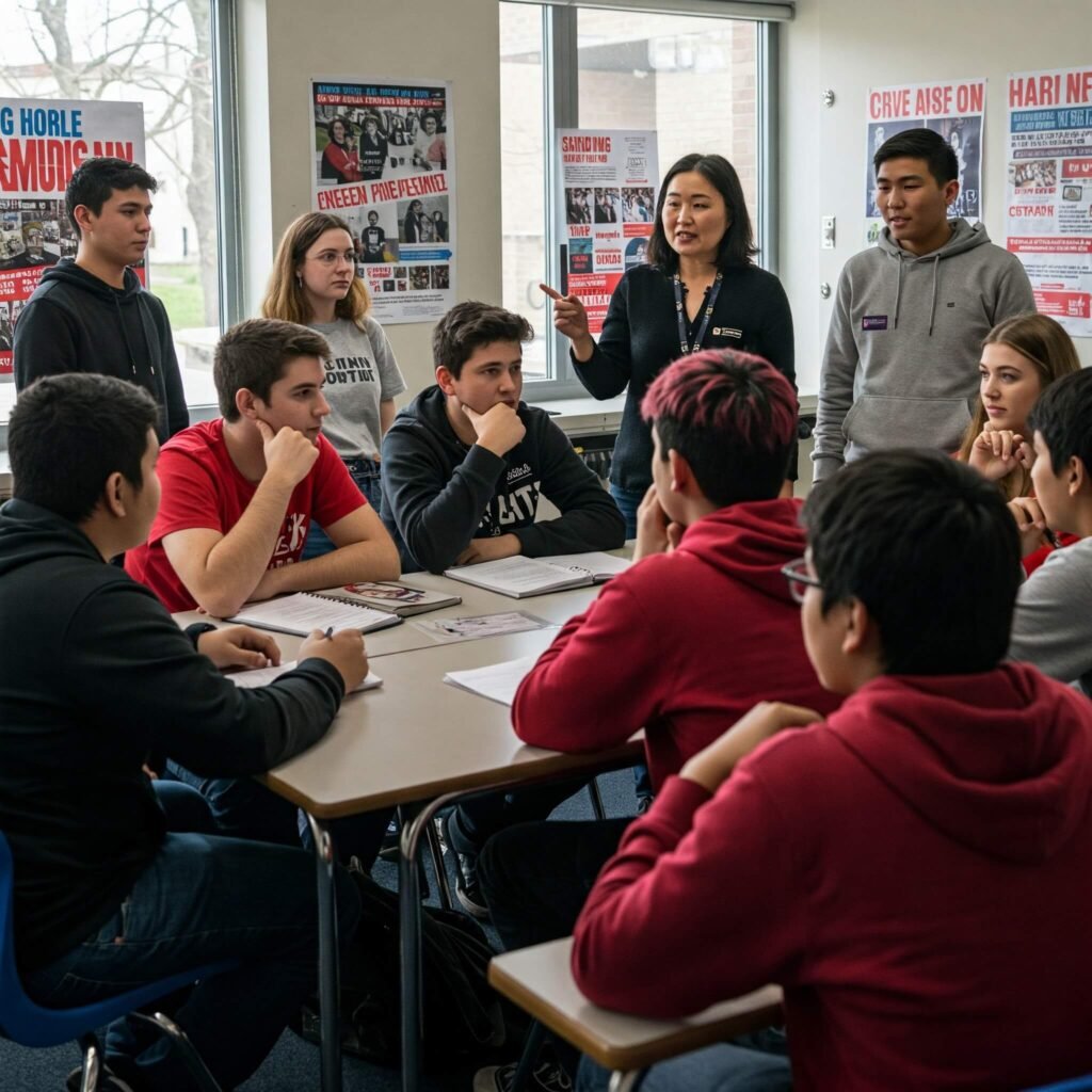 Teens debating civic issues in a vibrant classroom.