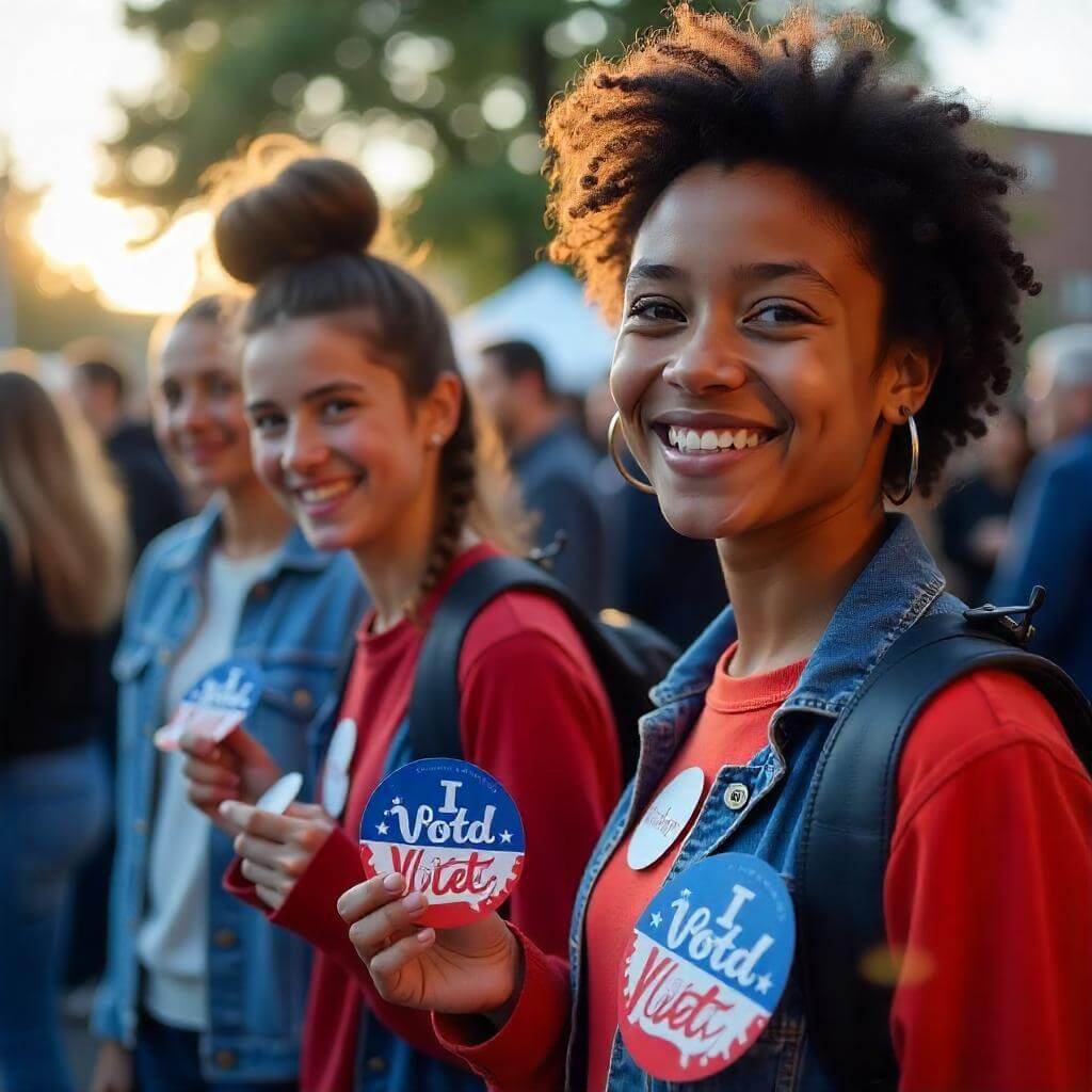 young voters at a polling station, smiling and holding “I Voted” stickers.