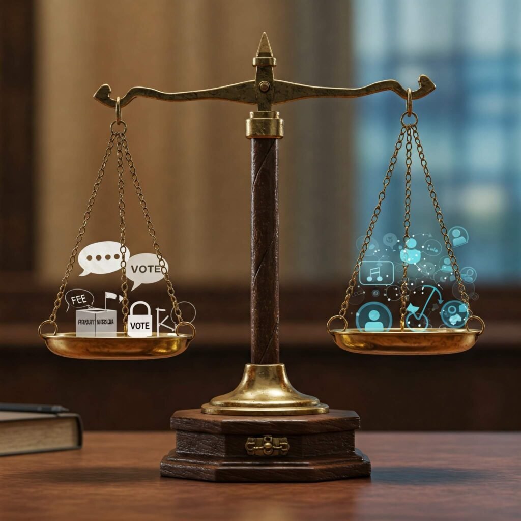 "Scales of Justice balancing constitutional rights and modern tech challenges."