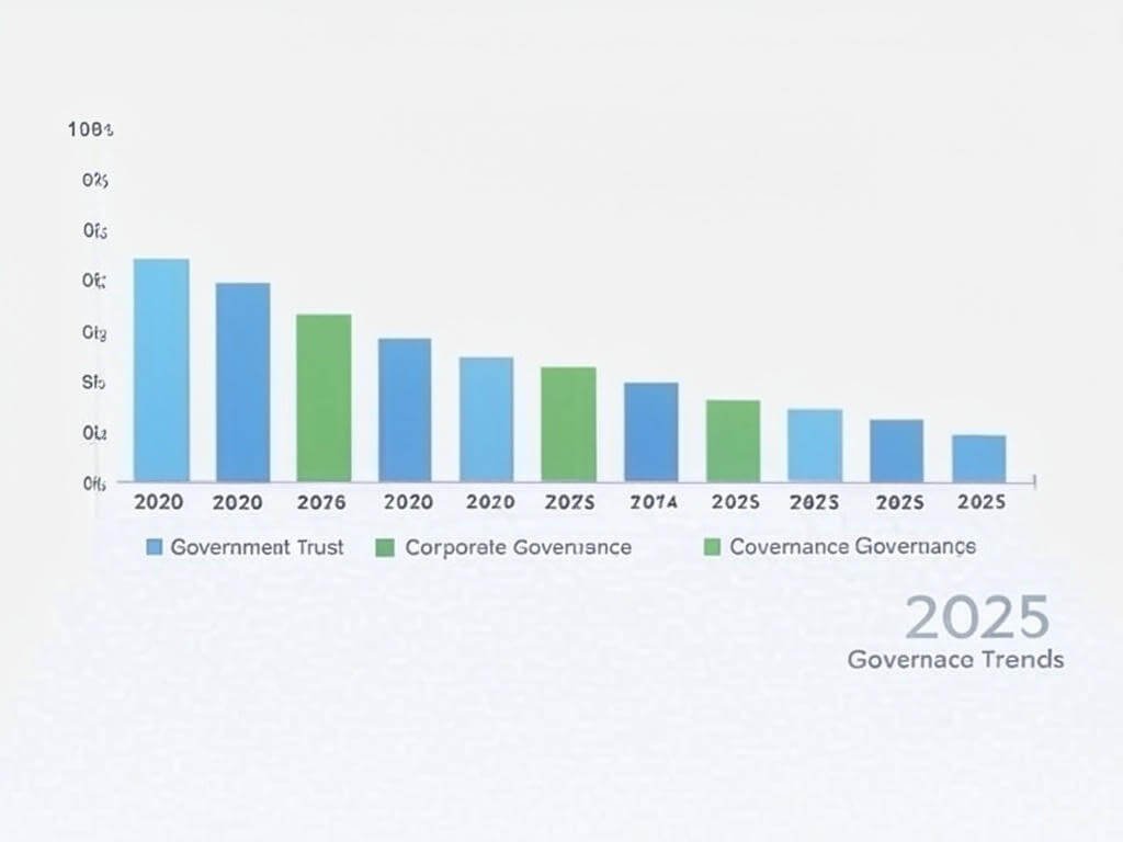 Bar chart infographic comparing public trust in government vs. corporate governance (2020-2025), blue and green tones, with '2025 Governance Trends' watermark.