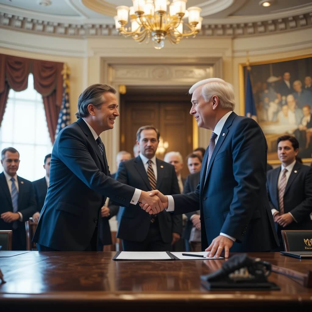 A candid photo of politicians from both parties shaking hands at a policy signing event.