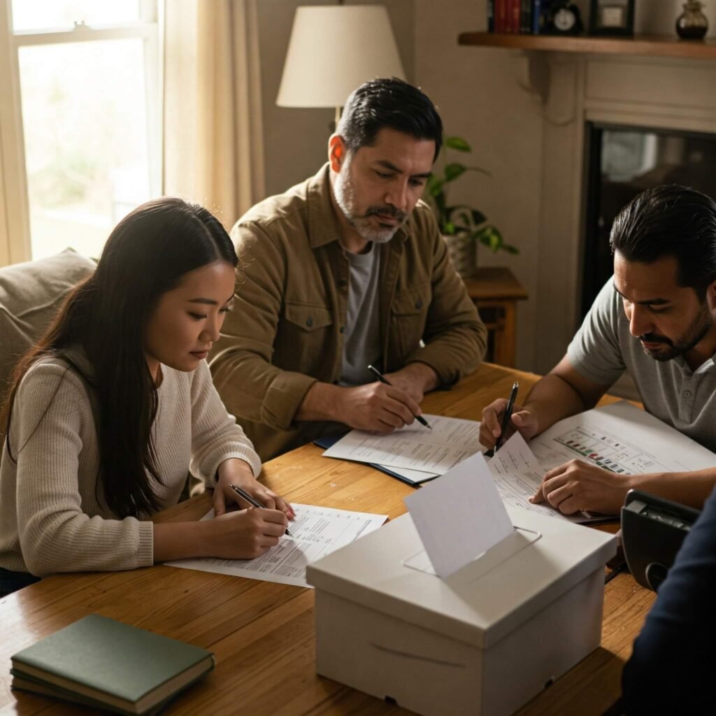 People filling out ballots at home