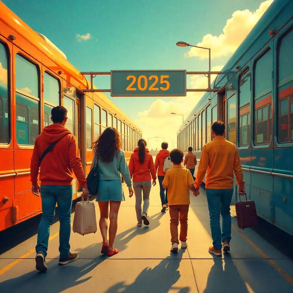 Diverse people crossing a border with a 2025 calendar.