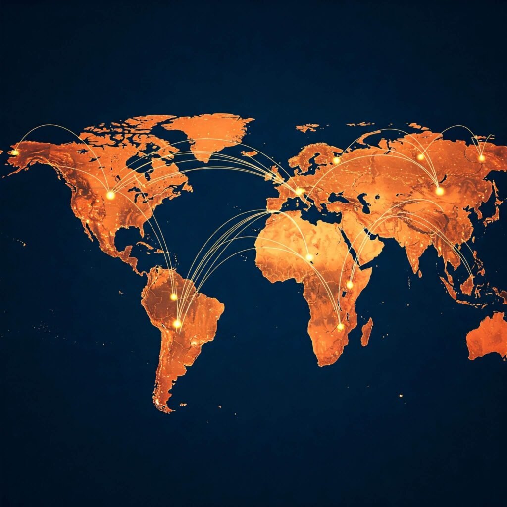 "Stylized map connecting the US with Mexico, India, and Syria."