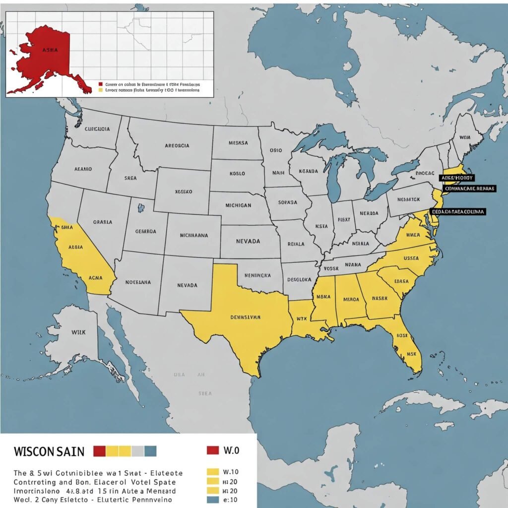 2024 U.S. election map showing swing states in yellow, red/blue for solid states."