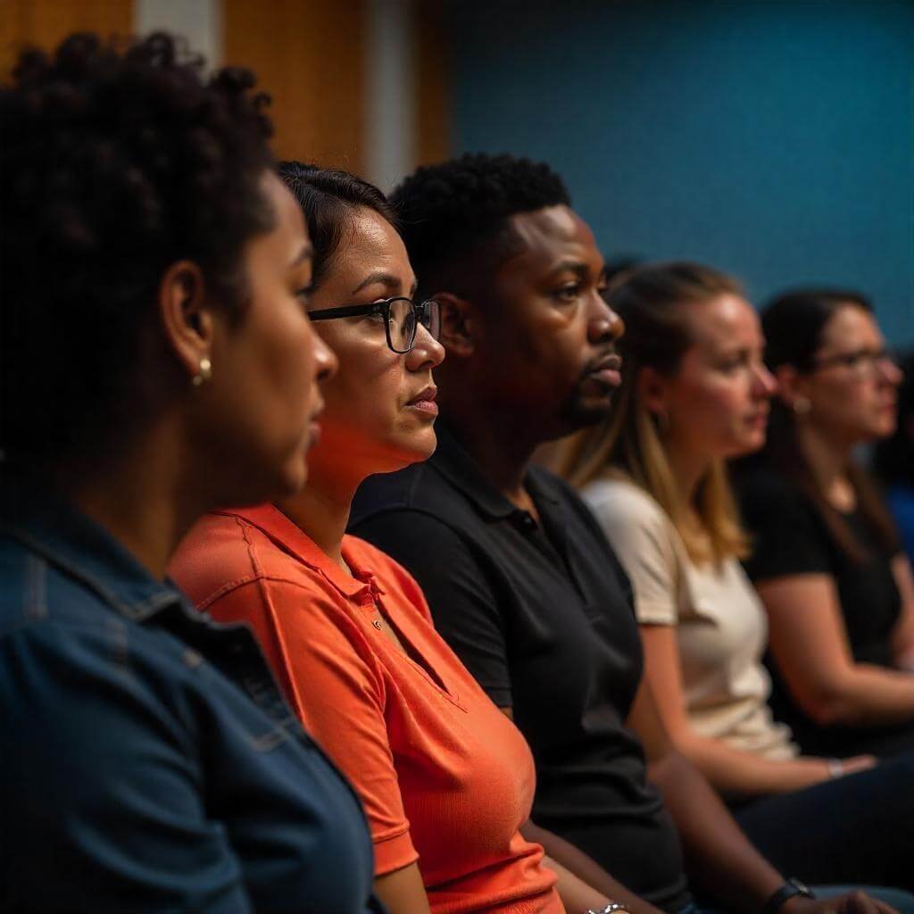 Diverse group (age, gender, ethnicity), microphones, community center setting.