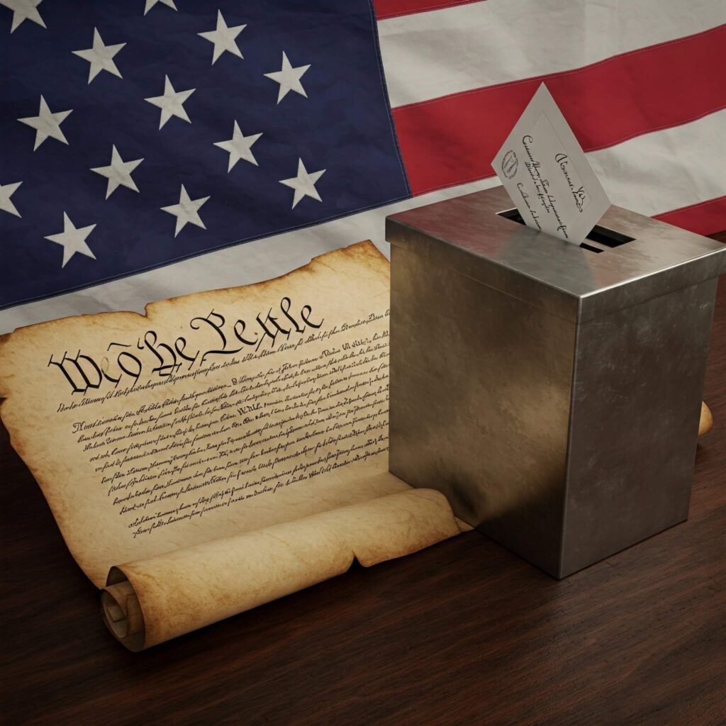 Constitution, ballot box, US flag: historical voting context.