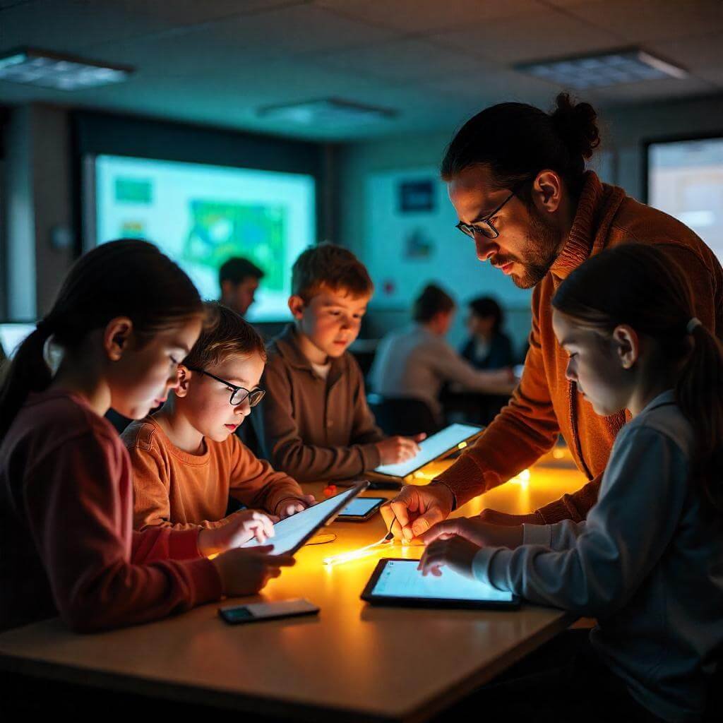 Depicting the integration of technology and modern learning in diverse classrooms.