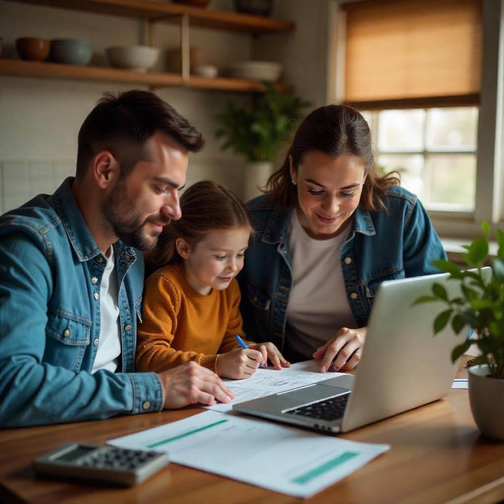A family reviewing financial documents at a kitchen table.
