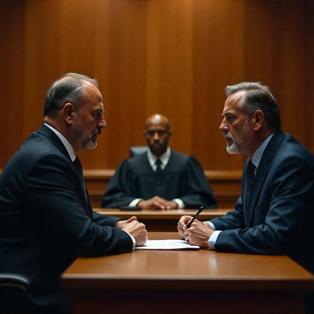 Judge in robes, defendant, and attorney in a modern courtroom.