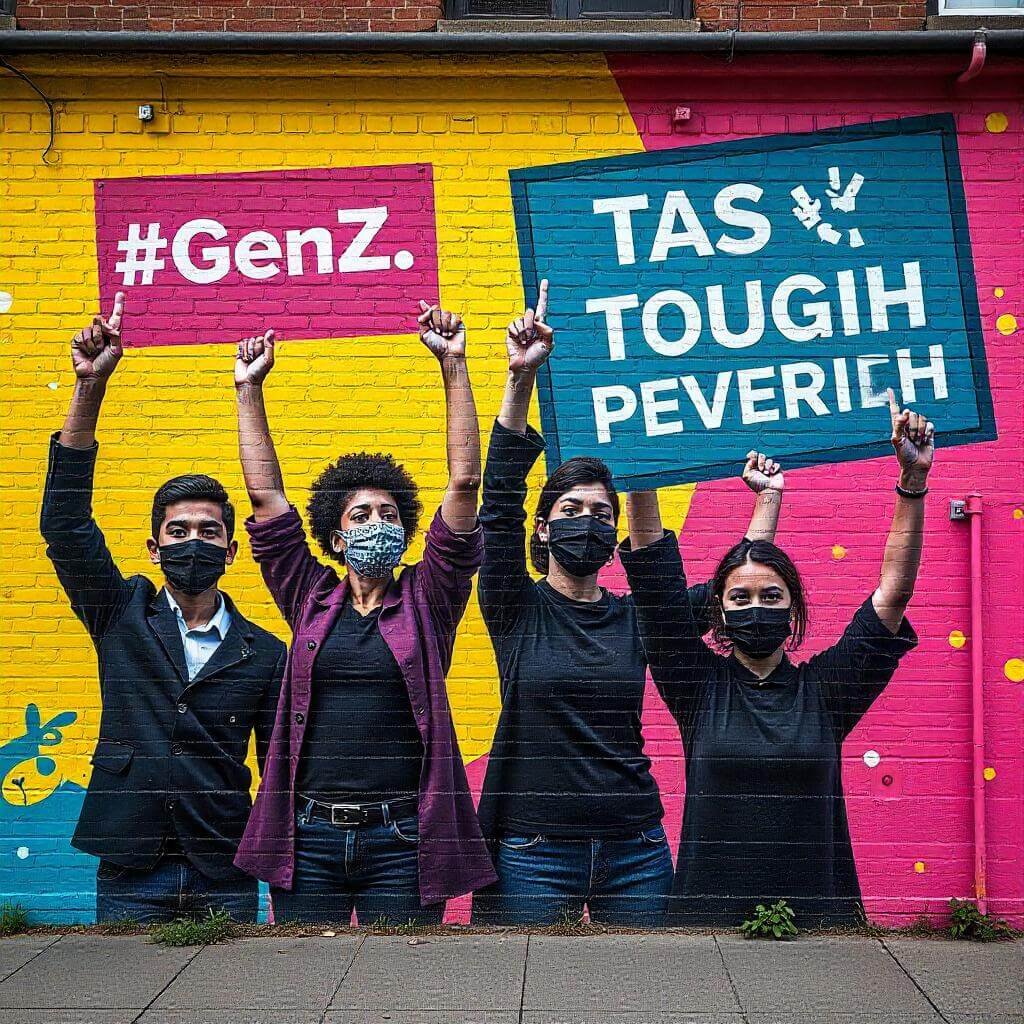 A vibrant mural on a brick wall, depicting Gen Z activists with raised fists and slogans like “Youth Power.