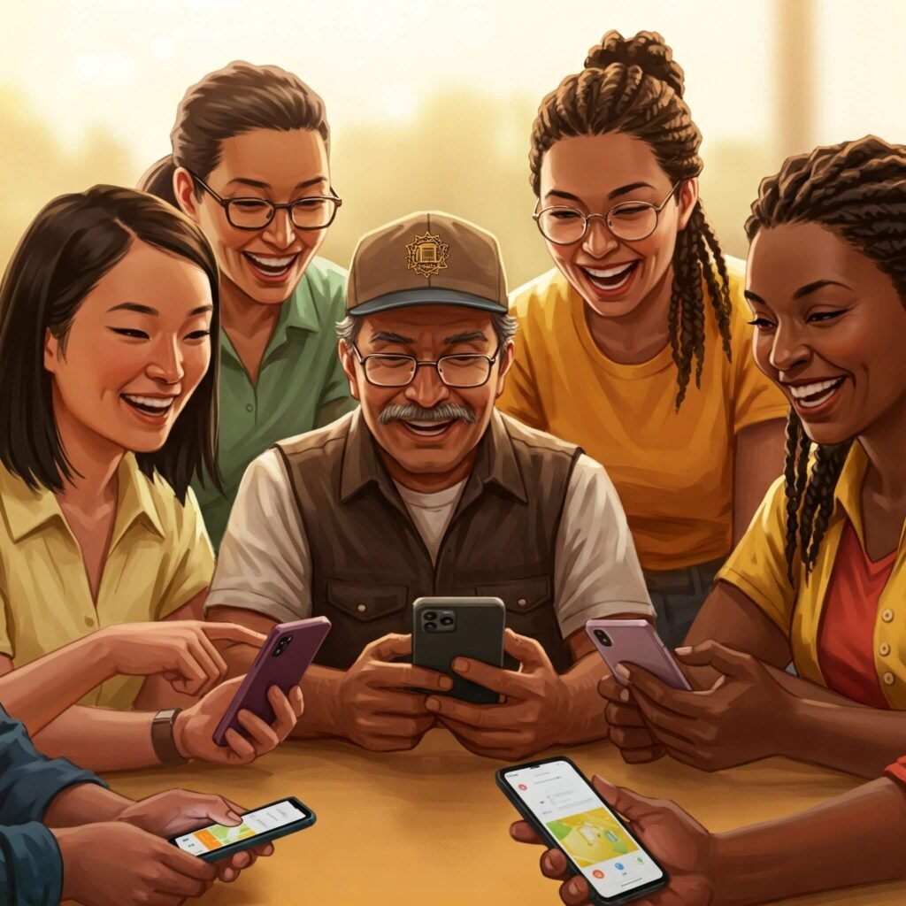 Diverse group using mobile government app.