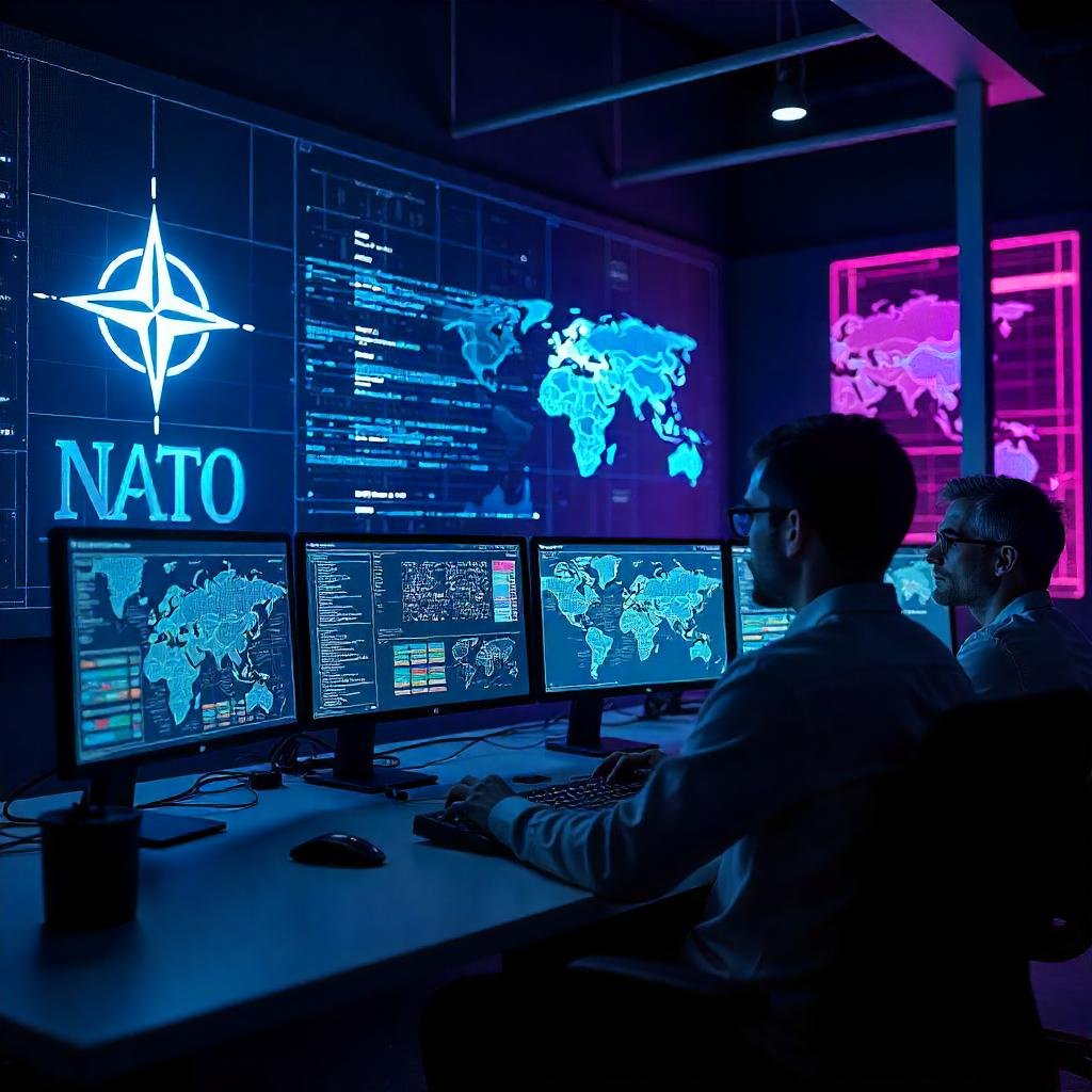 a cybersecurity command center with analysts at workstations, monitoring screens displaying cyber threat maps and NATO logos.
