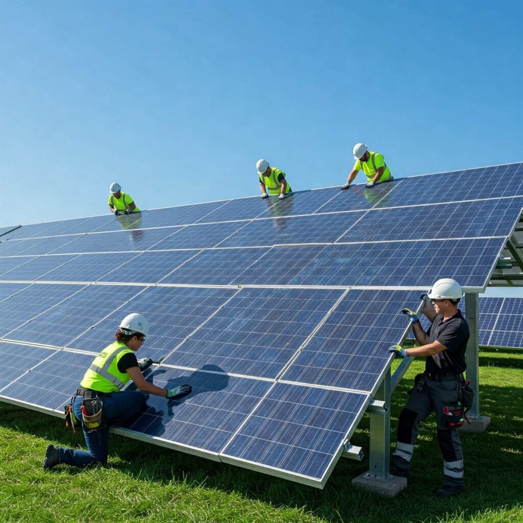 Workers installing modern solar panels.
