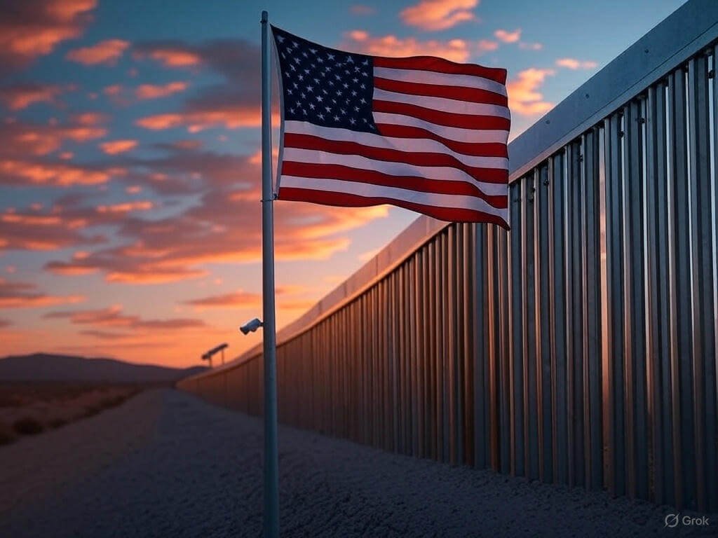 A high-resolution image of a secure border fence at sunset, with a U.S. flag in the background, evoking patriotism and strength.