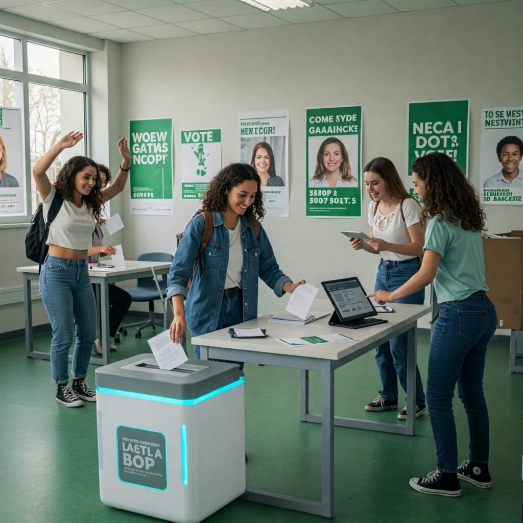 Students voting in a modern, tech-inspired election.