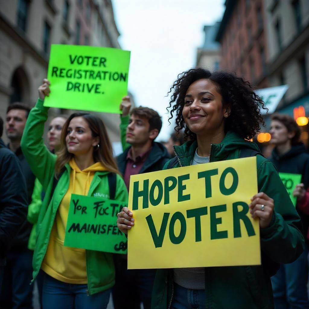 young activists at a voter registration drive, holding signs in an urban setting.