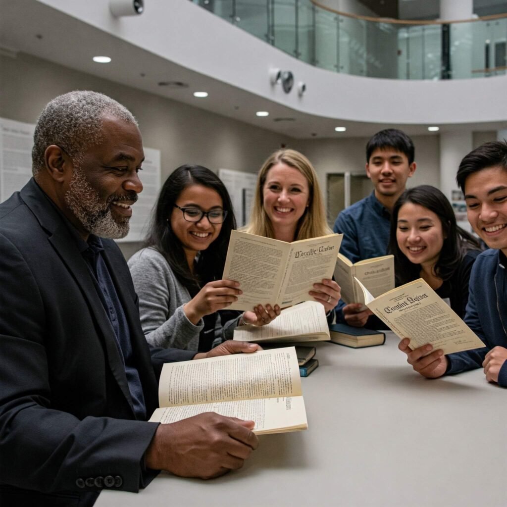 "Diverse group discussing the US Constitution in a modern setting."
