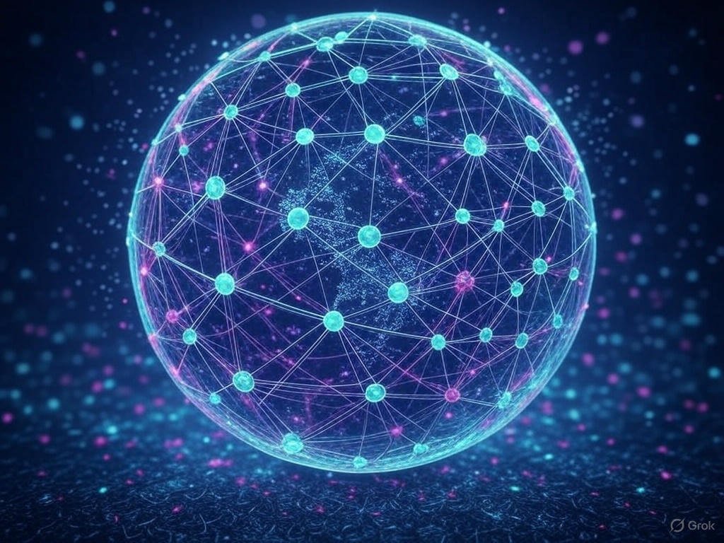 Dynamic blockchain network artwork with glowing nodes forming a transparent globe, in cyan and purple hues, symbolizing innovation and futuristic governance.