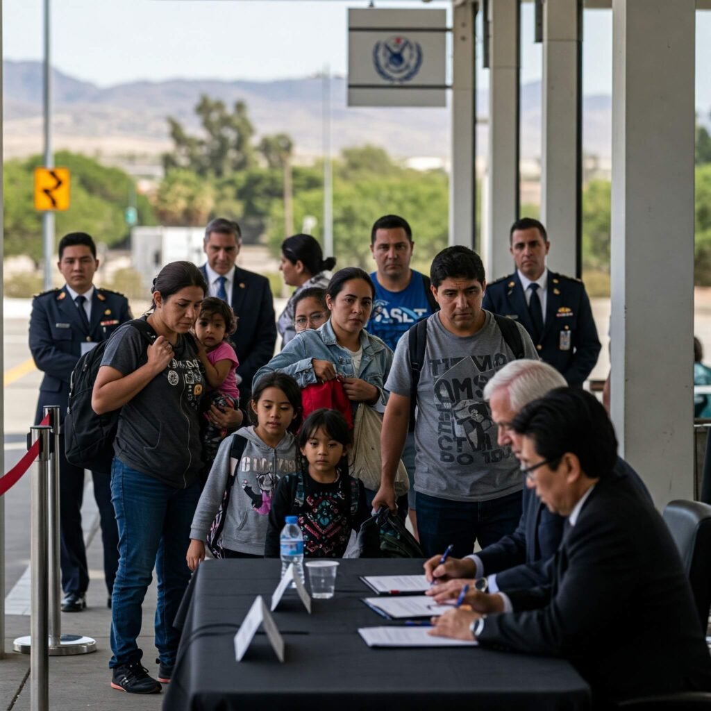 "Immigrants at US border checkpoint with diplomats signing agreements."