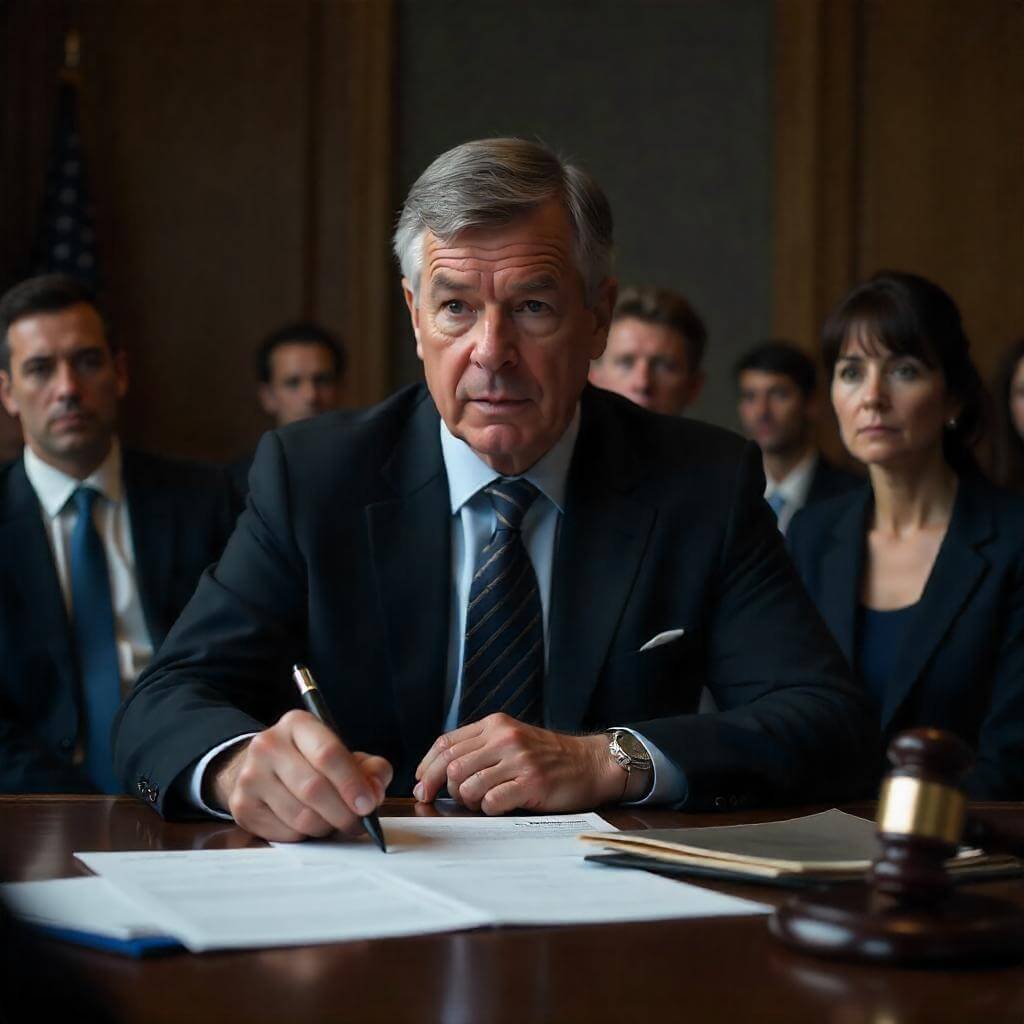 Judge, gavel, legal documents, concerned family members.