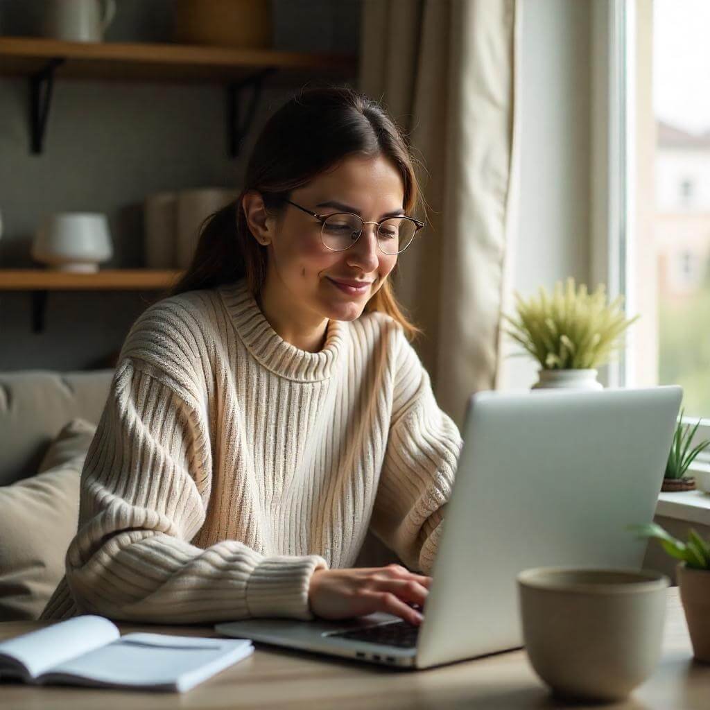 a diverse person (30-40 years old) reviewing finances on a laptop in a cozy home setting.